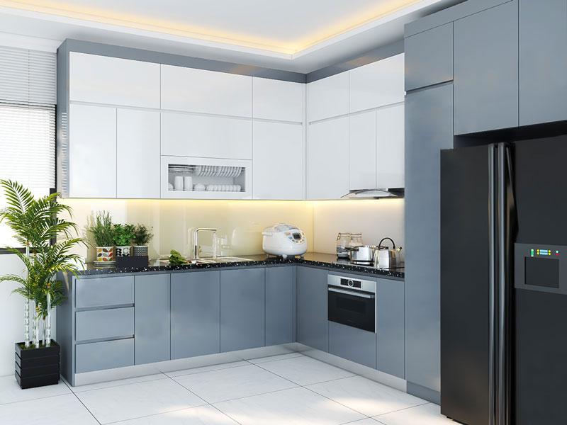 Tủ bếp inox cánh kính màu xanh dương